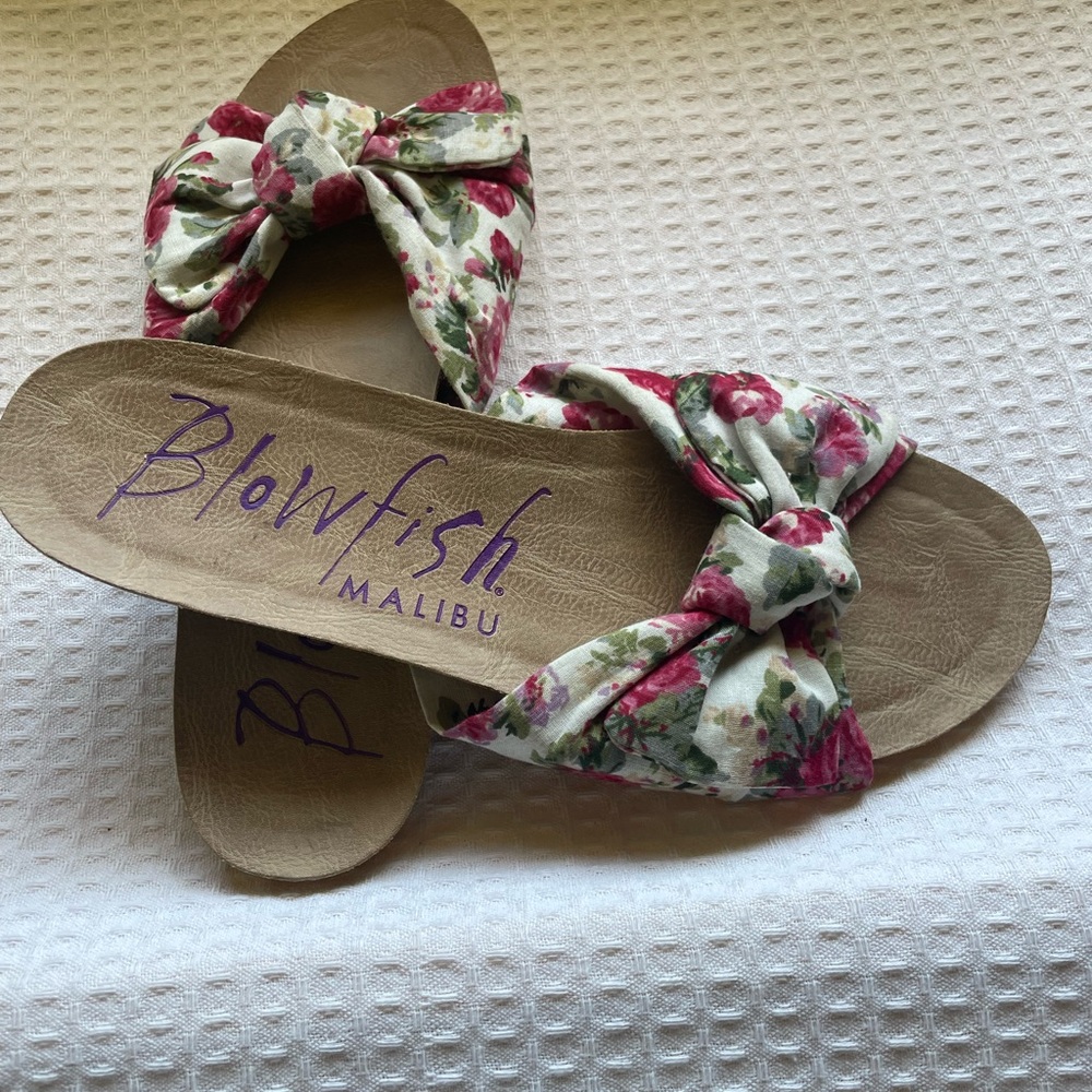 Blowfish Red and Green Floral Sandals with Bow Detail